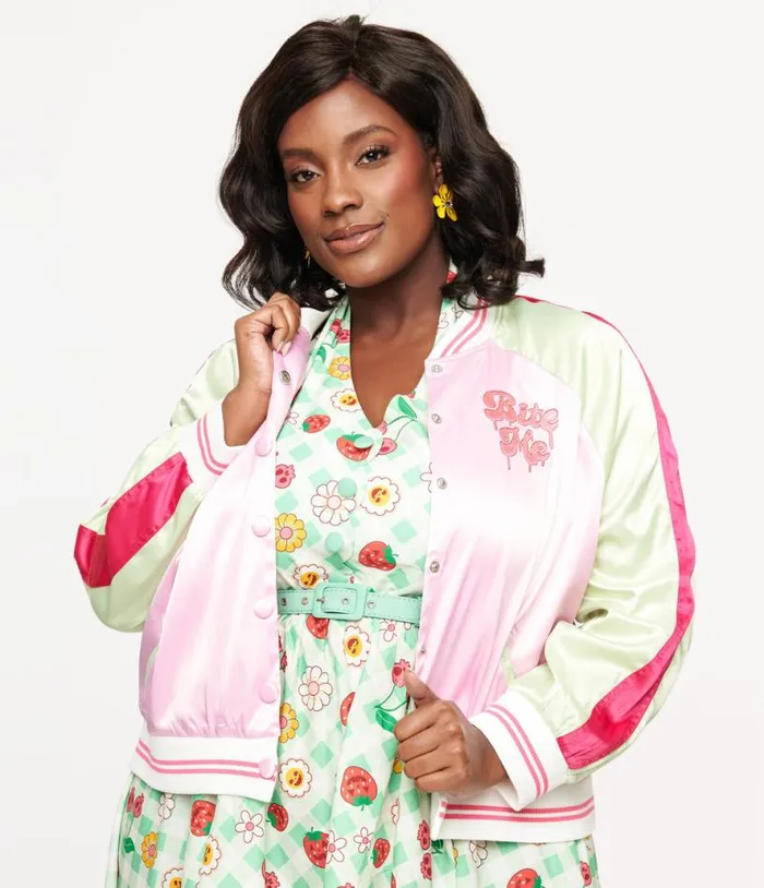 Plus Size Pink and Green Bite Me Satin Bomber Jacket ClothingHalloweenPlus Unique Vintage Jackets Plus Size Pink and Green Bite Me Satin Bomber Jacket ClothingHalloweenPlus Unique Vintage Jackets