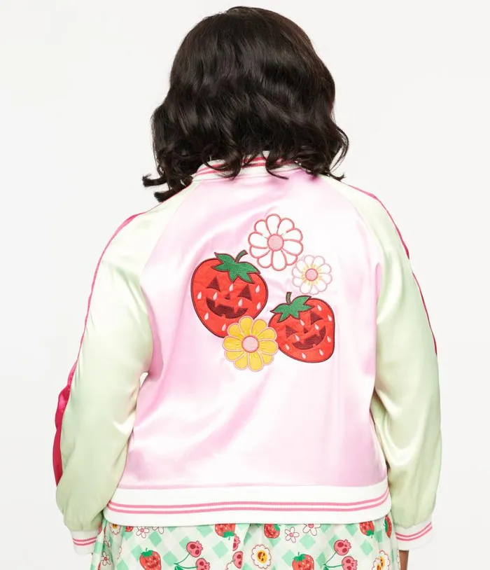 Plus Size Pink and Green Bite Me Satin Bomber Jacket ClothingHalloweenPlus Unique Vintage Jackets