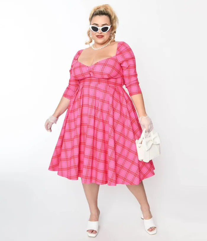 Plus Size Pink and Red Plaid Lamar Swing Dress DressesPlus Unique Vintage Swing Plus Size Pink and Red Plaid Lamar Swing Dress DressesPlus Unique Vintage Swing