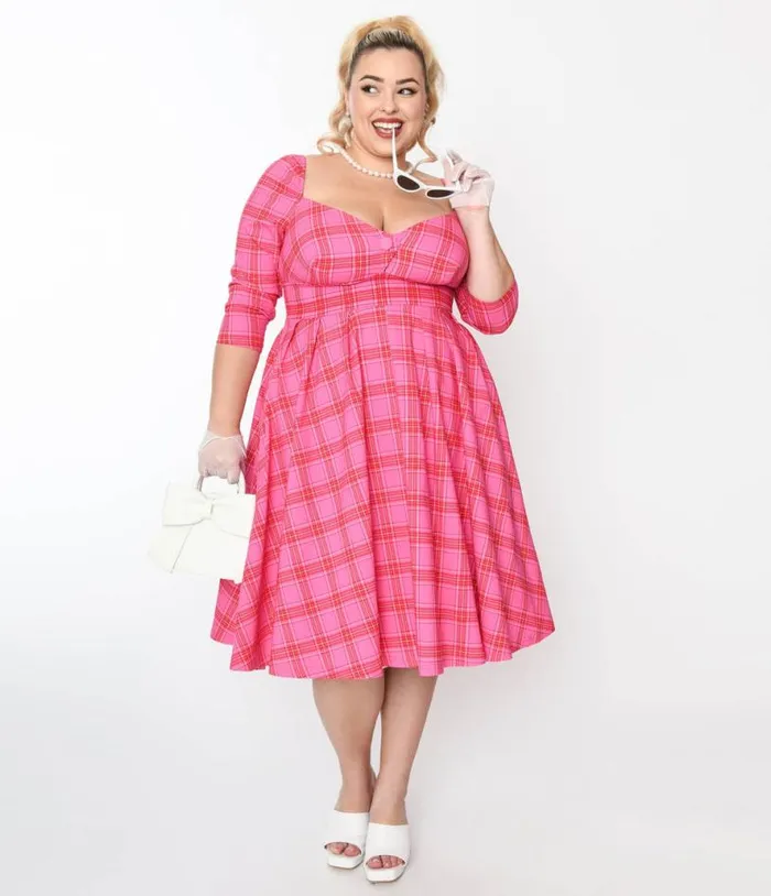 Plus Size Pink and Red Plaid Lamar Swing Dress DressesPlus Unique Vintage Swing