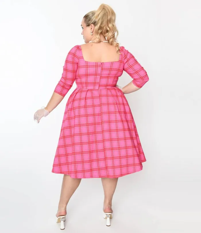 Plus Size Pink and Red Plaid Lamar Swing Dress DressesPlus Unique Vintage Swing
