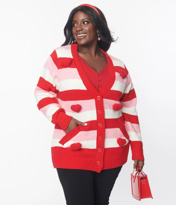 Plus Size Pink and Red Striped Crochet Hearts Cardigan ClothingPlus Unique Vintage Sweaters and Cardigans Plus Size Pink and Red Striped Crochet Hearts Cardigan ClothingPlus Unique Vintage Sweaters and Cardigans