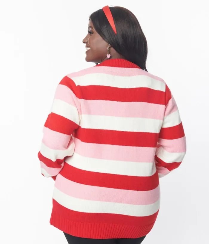 Plus Size Pink and Red Striped Crochet Hearts Cardigan ClothingPlus Unique Vintage Sweaters and Cardigans
