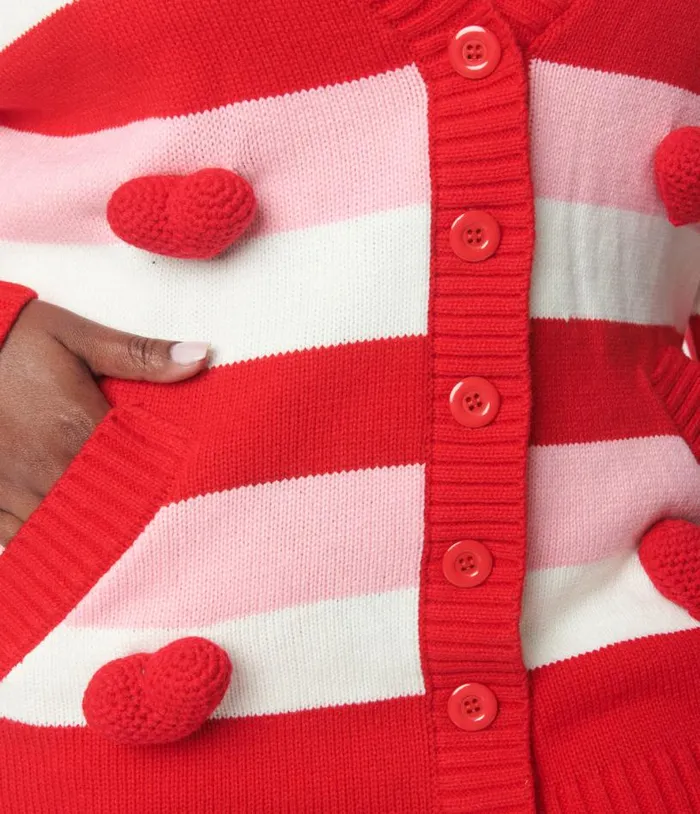 Plus Size Pink and Red Striped Crochet Hearts Cardigan ClothingPlus Unique Vintage Sweaters and Cardigans