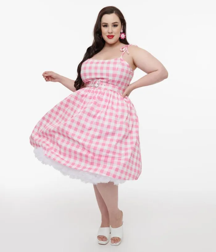 Plus Size Pink and White Gingham Bobbie Swing Dress DressesPlus Unique Vintage Swing Plus Size Pink and White Gingham Bobbie Swing Dress DressesPlus Unique Vintage Swing