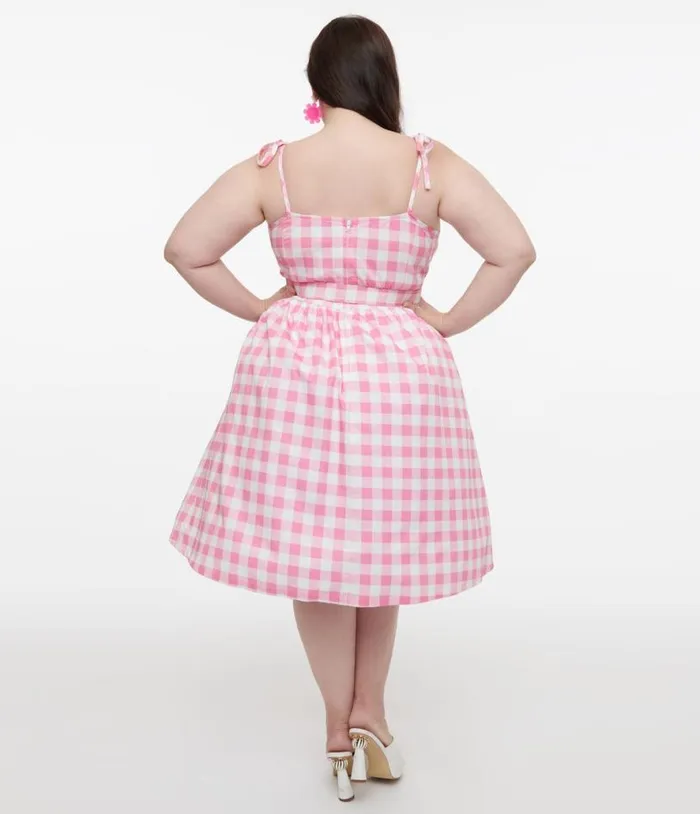 Plus Size Pink and White Gingham Bobbie Swing Dress DressesPlus Unique Vintage Swing