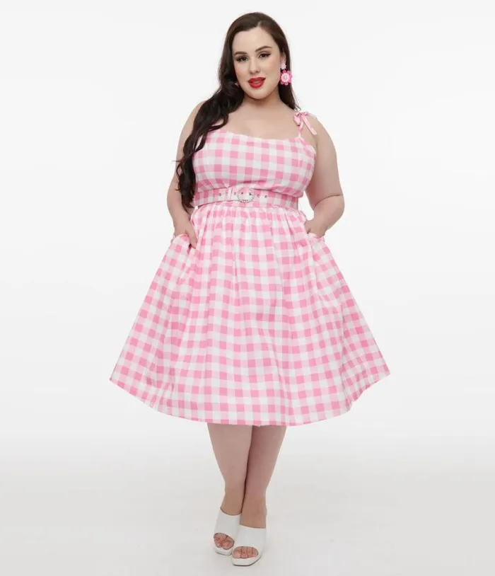 Plus Size Pink and White Gingham Bobbie Swing Dress DressesPlus Unique Vintage Swing