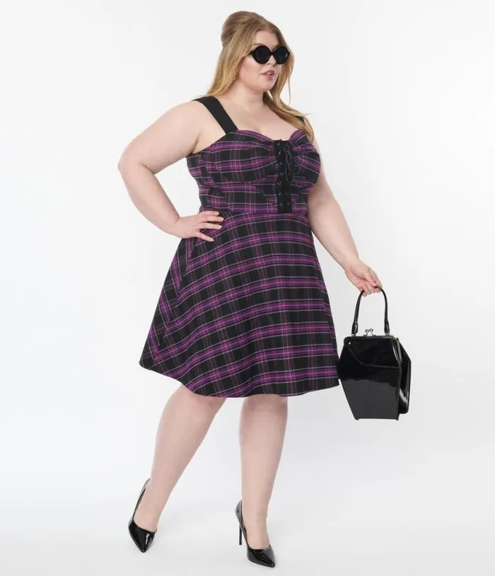 Plus Size Purple Plaid Corset Flare Dress DressesHalloweenPlus Unique Vintage Dresses Plus Size Purple Plaid Corset Flare Dress DressesHalloweenPlus Unique Vintage Dresses