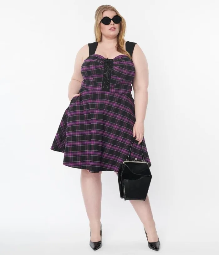 Plus Size Purple Plaid Corset Flare Dress DressesHalloweenPlus Unique Vintage Dresses