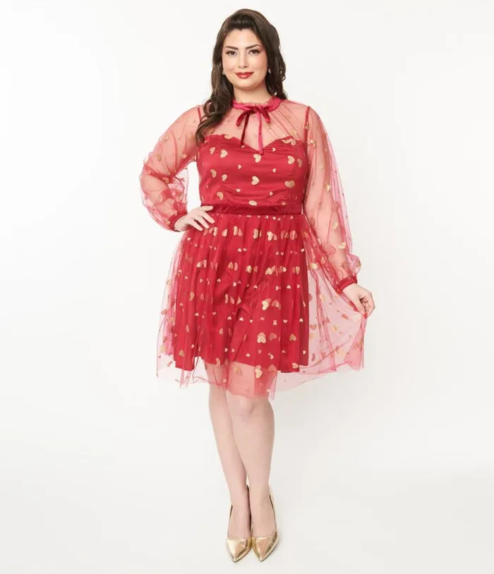 Plus Size Red and Gold Glitter Heart Flare Dress DressesPlus Unique Vintage Fit and Flare Plus Size Red and Gold Glitter Heart Flare Dress DressesPlus Unique Vintage Fit and Flare