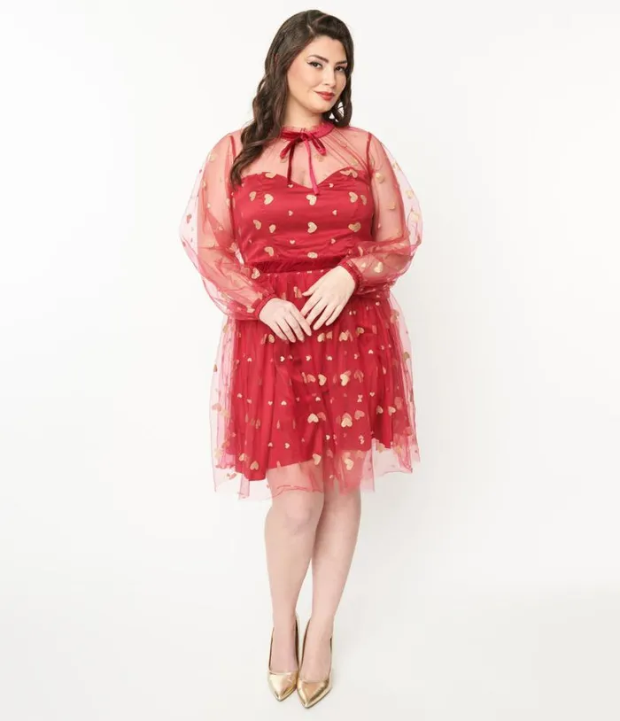 Plus Size Red and Gold Glitter Heart Flare Dress DressesPlus Unique Vintage Fit and Flare