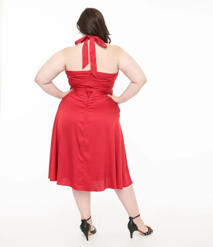 Plus Size Red Satin Halter Swing Dress DressesPlus Unique Vintage Pocket Dresses