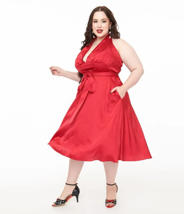 Plus Size Red Satin Halter Swing Dress DressesPlus Unique Vintage Pocket Dresses