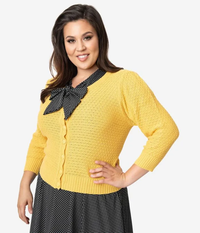 Plus Size Retro Style Honey Yellow Cotton Crochet Sleeved Button Cardigan ClothingPlus Unique Vintage Sweaters and Cardigans Plus Size Retro Style Honey Yellow Cotton Crochet Sleeved Button Cardigan ClothingPlus Unique Vintage Sweaters and Cardigans