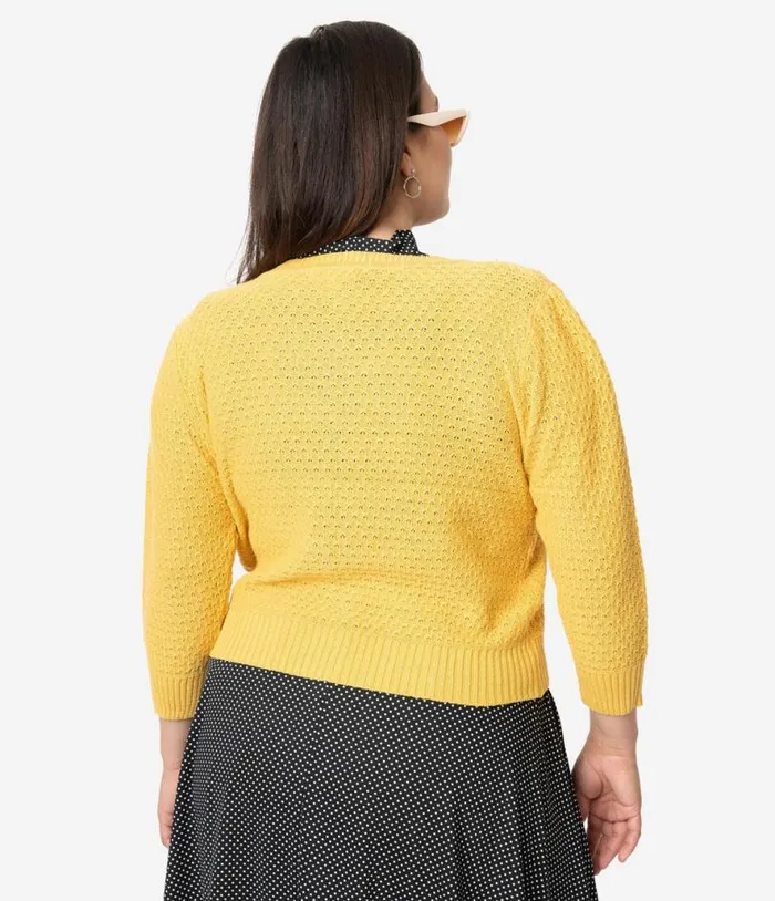 Plus Size Retro Style Honey Yellow Cotton Crochet Sleeved Button Cardigan ClothingPlus Unique Vintage Sweaters and Cardigans