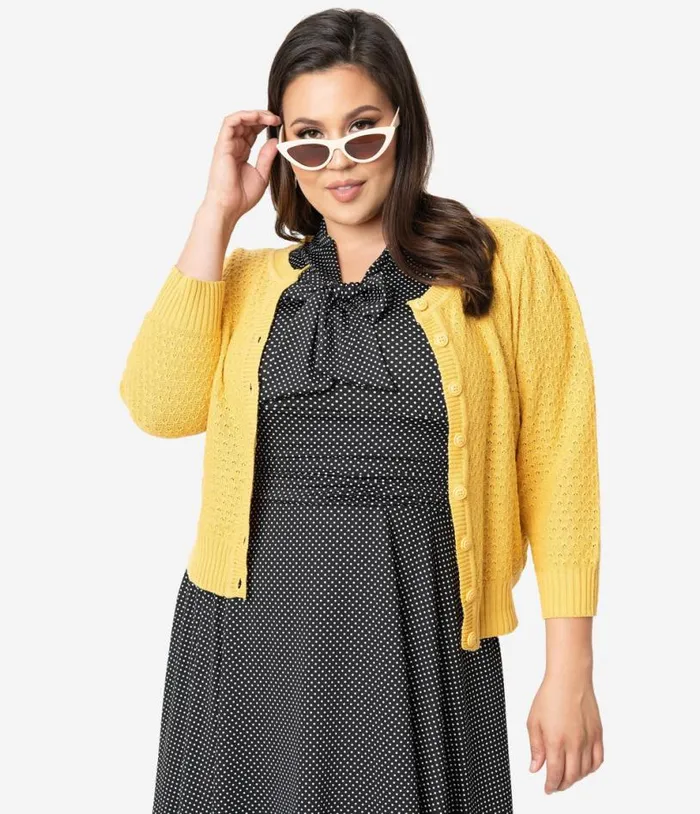 Plus Size Retro Style Honey Yellow Cotton Crochet Sleeved Button Cardigan ClothingPlus Unique Vintage Sweaters and Cardigans