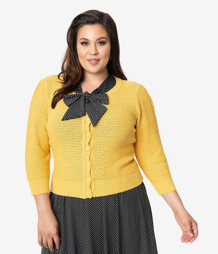 Plus Size Retro Style Honey Yellow Cotton Crochet Sleeved Button Cardigan ClothingPlus Unique Vintage Sweaters and Cardigans