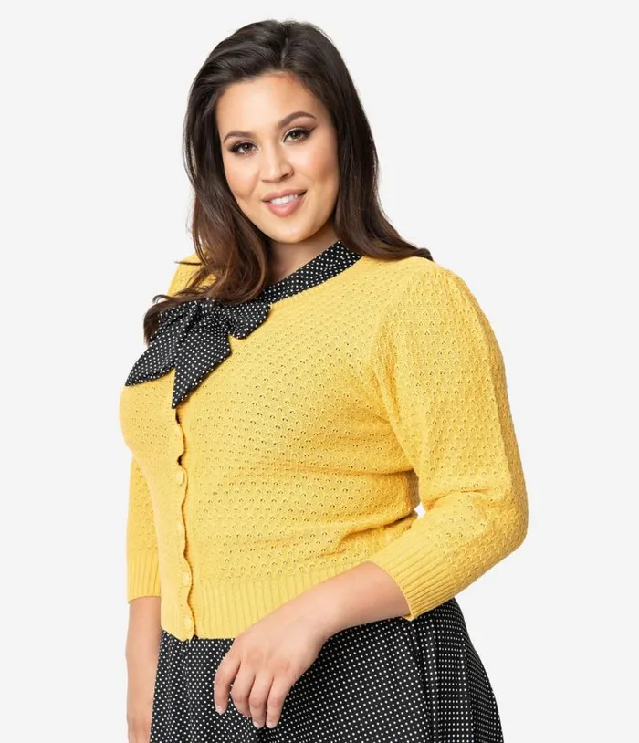 Plus Size Retro Style Honey Yellow Cotton Crochet Sleeved Button Cardigan ClothingPlus Unique Vintage Sweaters and Cardigans