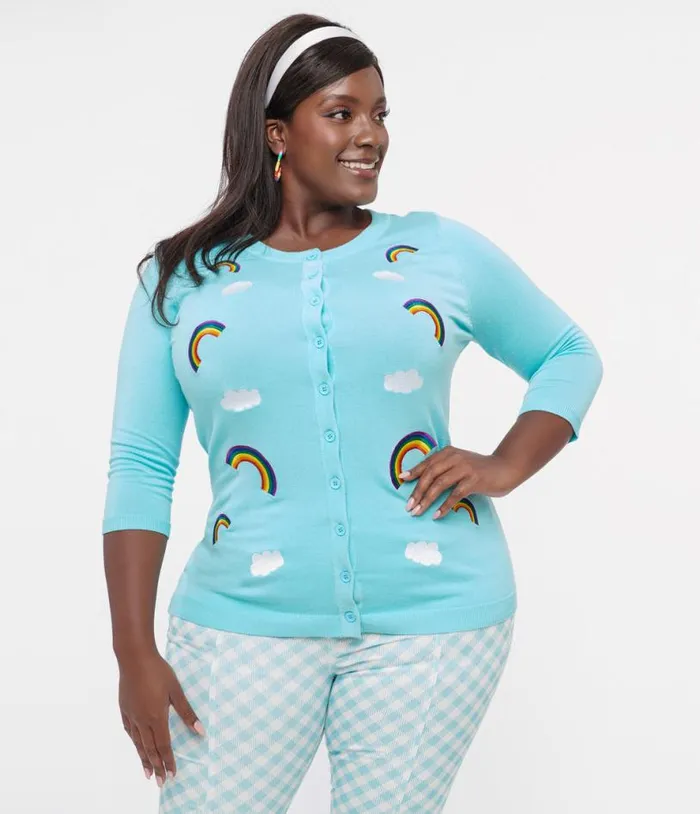 Plus Size Sky Blue and Rainbow Embroidered Bookworm Cardigan Clothing Unique Vintage Sweaters and Cardigans