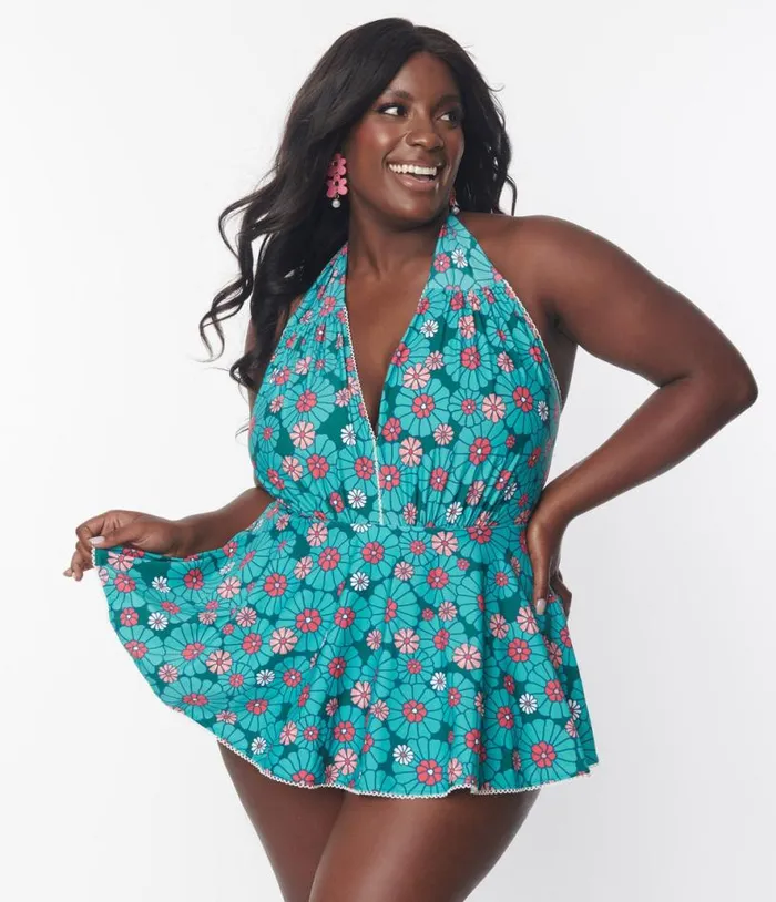 Plus Size Teal Flower Child Skirted Wendy Swimsuit Plus Unique Vintage One Piece Swim Plus Size Teal Flower Child Skirted Wendy Swimsuit Plus Unique Vintage One Piece Swim