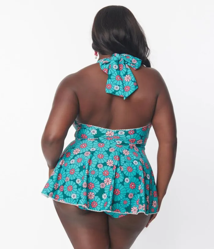 Plus Size Teal Flower Child Skirted Wendy Swimsuit Plus Unique Vintage One Piece Swim