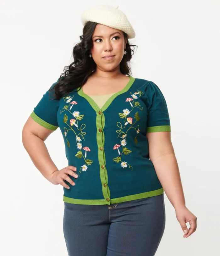 Plus Size Teal Mushroom and Daisy Embroidered Cardigan Clothing Unique Vintage Sweaters and Cardigans Plus Size Teal Mushroom and Daisy Embroidered Cardigan Clothing Unique Vintage Sweaters and Cardigans