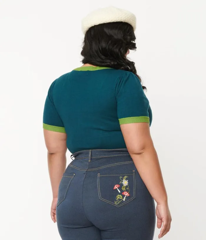 Plus Size Teal Mushroom and Daisy Embroidered Cardigan Clothing Unique Vintage Sweaters and Cardigans