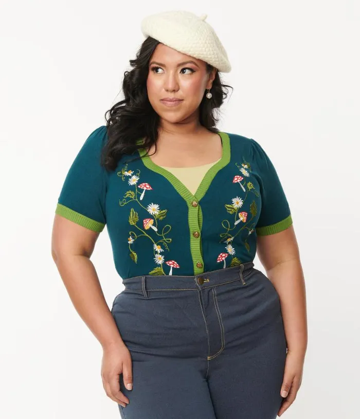 Plus Size Teal Mushroom and Daisy Embroidered Cardigan Clothing Unique Vintage Sweaters and Cardigans