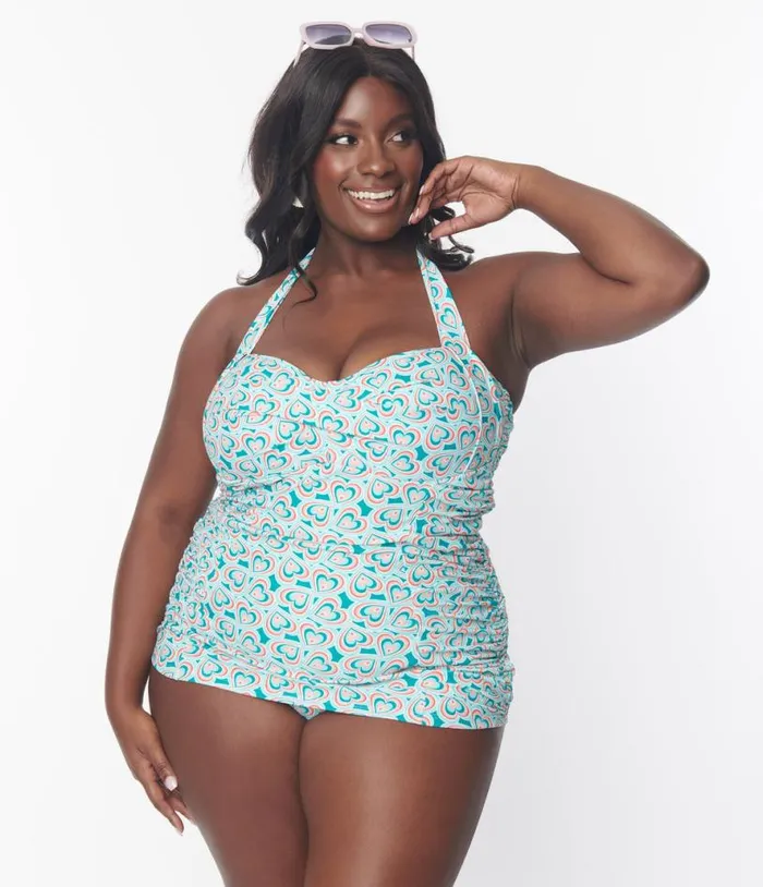 Plus Size Turquoise Retro Hearts Print Corrine Sheath Swimsuit Plus Unique Vintage One Piece Swim Plus Size Turquoise Retro Hearts Print Corrine Sheath Swimsuit Plus Unique Vintage One Piece Swim