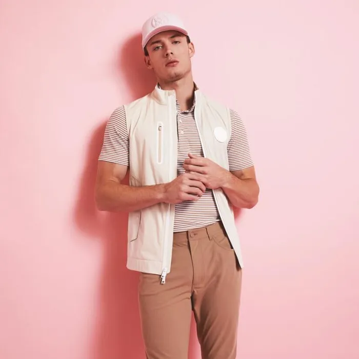 Polos and Shirts Men GFORE FEEDER STRIPE TECH PIQU MODERN SPREAD COLLAR POLO Fawn