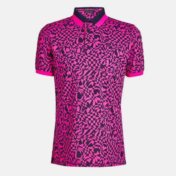 Polos and Shirts Men GFORE MINI DISTORTED CHECK BANDED SLEEVE TECH PIQU POLO Day Glow Pink Polos and Shirts Men GFORE MINI DISTORTED CHECK BANDED SLEEVE TECH PIQU POLO Day Glow Pink