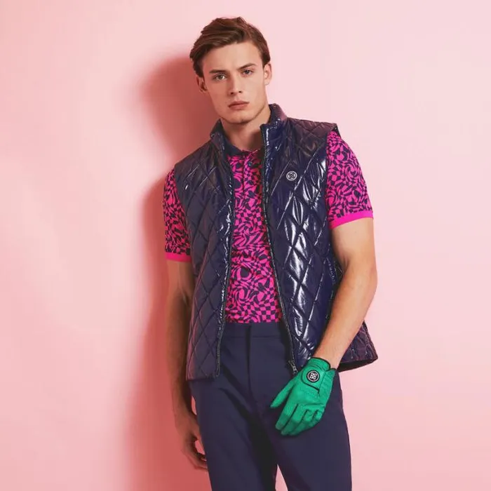 Polos and Shirts Men GFORE MINI DISTORTED CHECK BANDED SLEEVE TECH PIQU POLO Day Glow Pink