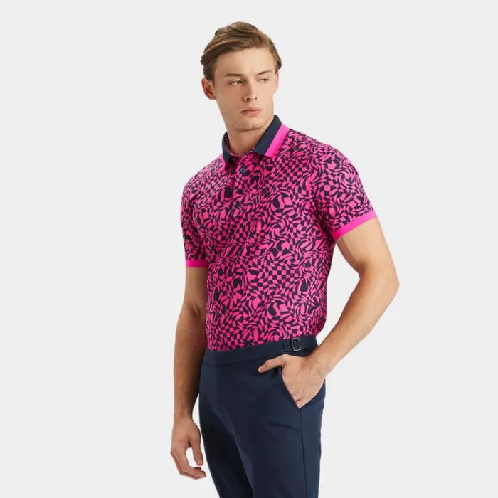 Polos and Shirts Men GFORE MINI DISTORTED CHECK BANDED SLEEVE TECH PIQU POLO Day Glow Pink