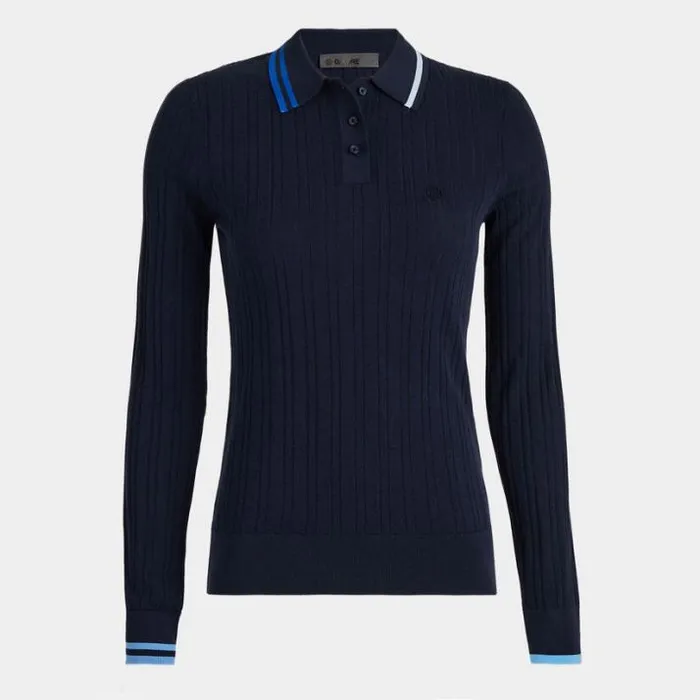 Polos Women GFORE CONTRAST STRIPE COTTON BLEND RIBBED LONG SLEEVE KNIT POLO Twilight Polos Women GFORE CONTRAST STRIPE COTTON BLEND RIBBED LONG SLEEVE KNIT POLO Twilight