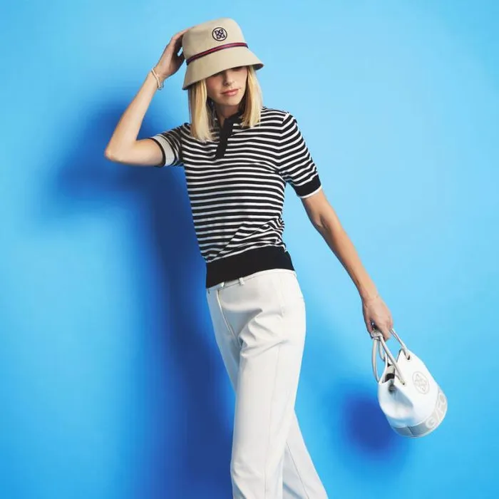 Polos Women GFORE CONTRAST STRIPE MERINO WOOL SHORT SLEEVE SWEATER POLO Onyx