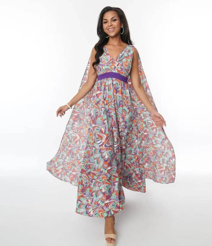 Purple and Mint Psychedelic Wave Print Cape Maxi Dress Dresses Unique Vintage Maxi Purple and Mint Psychedelic Wave Print Cape Maxi Dress Dresses Unique Vintage Maxi
