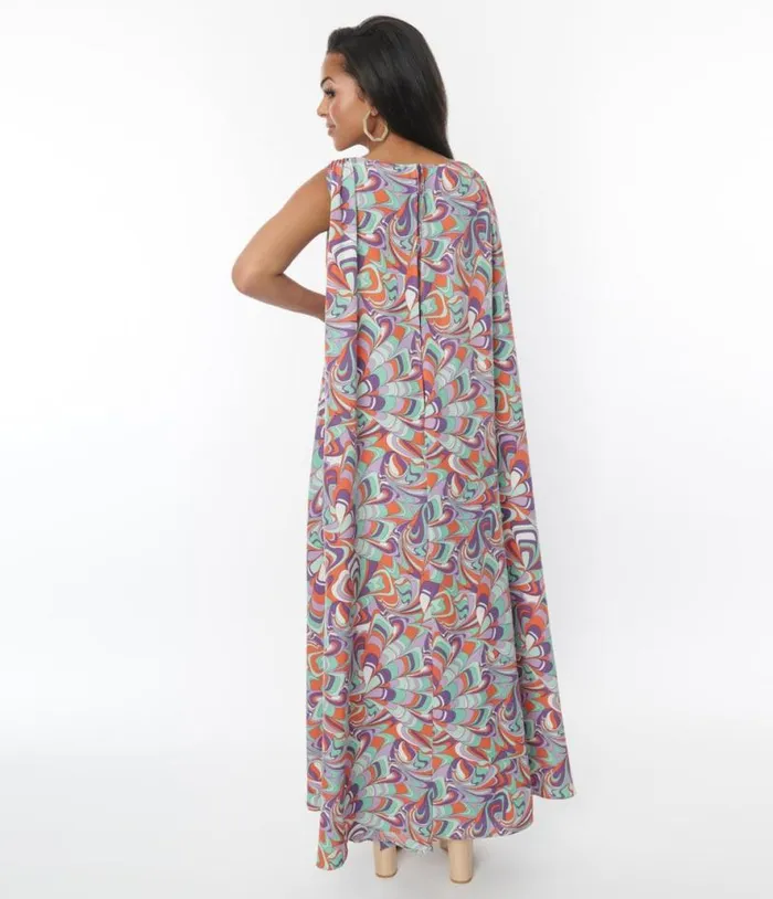 Purple and Mint Psychedelic Wave Print Cape Maxi Dress Dresses Unique Vintage Maxi