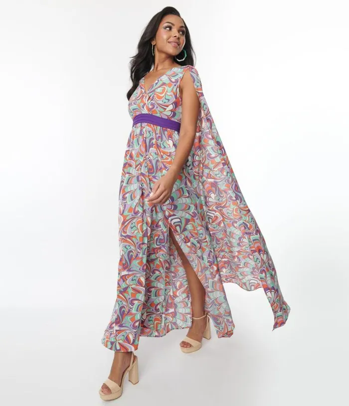 Purple and Mint Psychedelic Wave Print Cape Maxi Dress Dresses Unique Vintage Maxi
