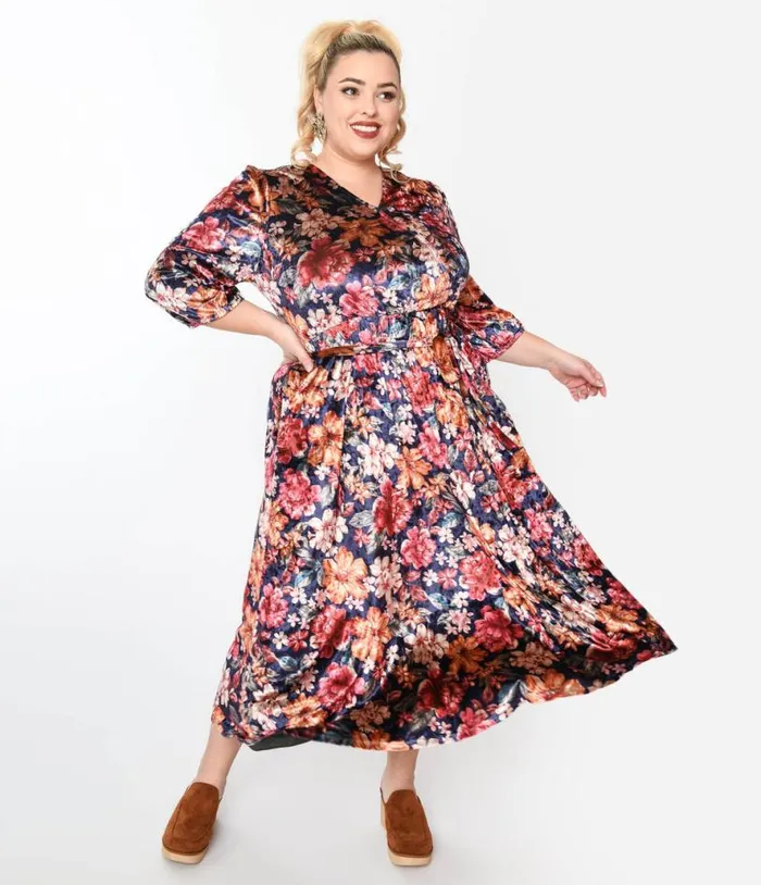 Purple and Multicolor Floral Velvet Midi Dress Dresses Unique Vintage Maxi