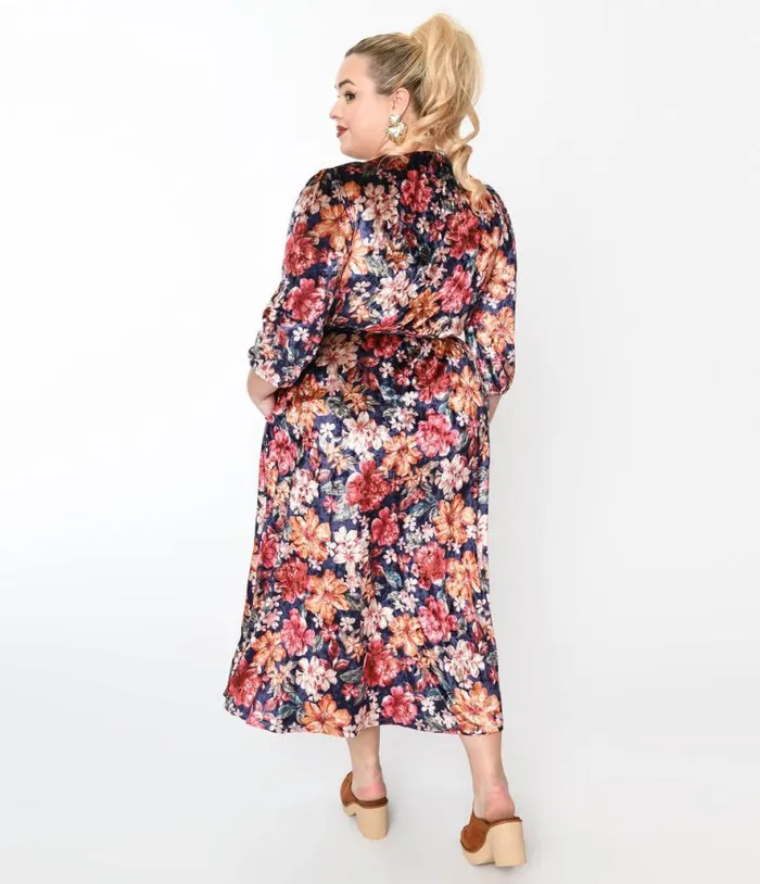 Purple and Multicolor Floral Velvet Midi Dress Dresses Unique Vintage Maxi