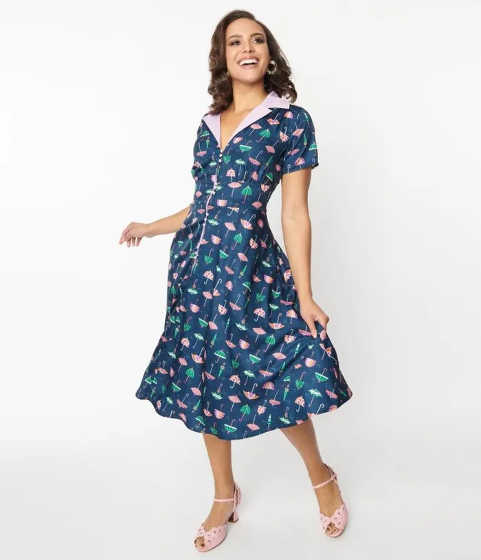 Purple Umbrella Print Swing Dress Dresses Unique Vintage Pocket Dresses
