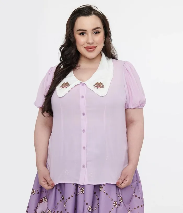 Pusheen X Plus Size Lavender Pusheen Springtime Embroidered Oversized Collar Blouse Clothing Unique Vintage Blouses