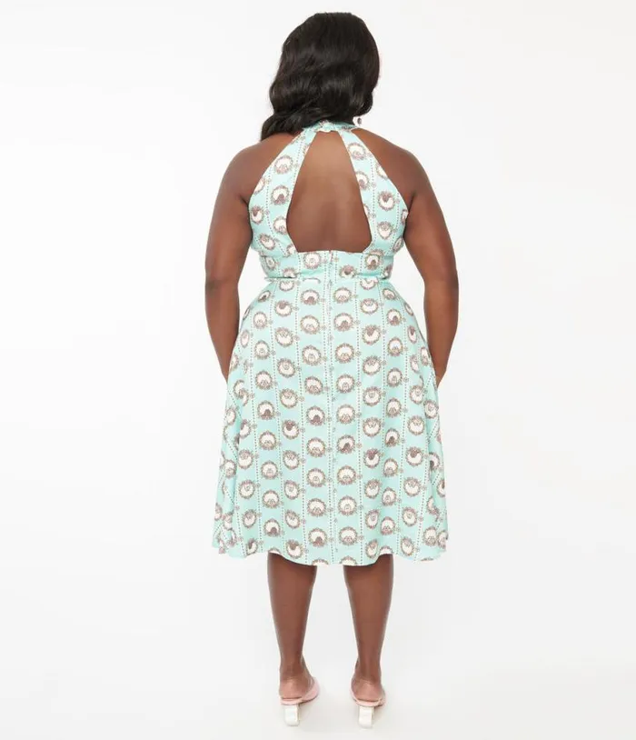 Pusheen X Plus Size Teal Pusheen Floral Frame Print Halter Swing Dress Dresses Unique Vintage Pocket Dresses