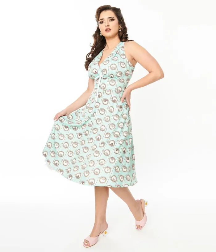Pusheen X Teal Pusheen Floral Frame Print Halter Swing Dress Dresses Unique Vintage Pocket Dresses