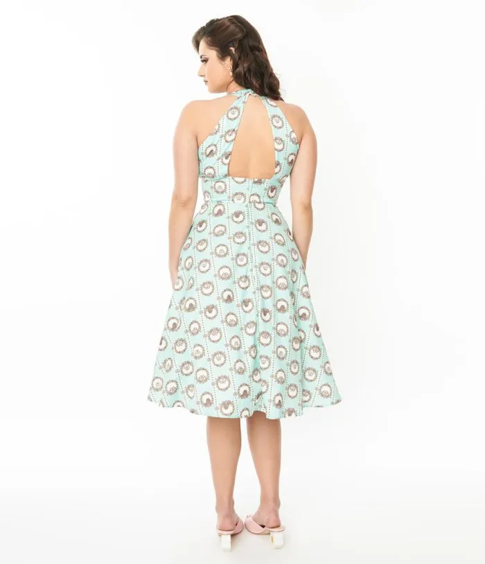Pusheen X Teal Pusheen Floral Frame Print Halter Swing Dress Dresses Unique Vintage Pocket Dresses
