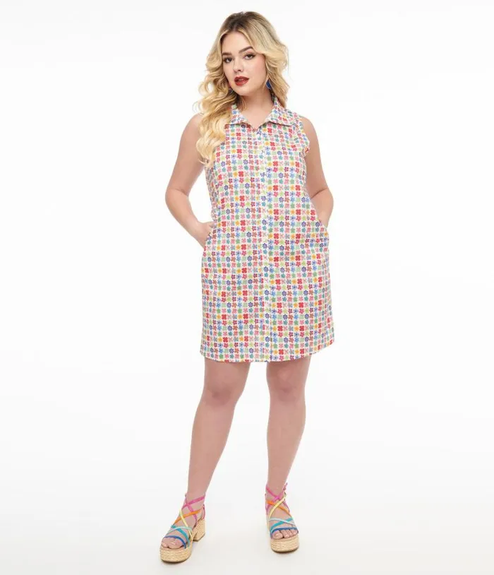 Rainbow Floral Cotton Shift Dress Dresses Unique Vintage Pocket Dresses