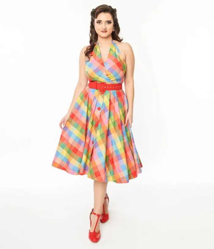 Rainbow Madras Plaid Tarrytown Hostess Dress Dresses Unique Vintage Pocket Dresses