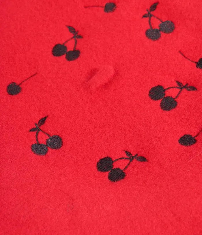 Red and Black Cherry Embroidered Beret Accessories Unique Vintage Berets