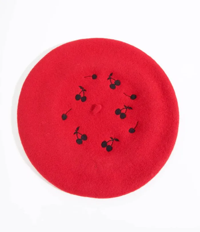 Red and Black Cherry Embroidered Beret Accessories Unique Vintage Berets