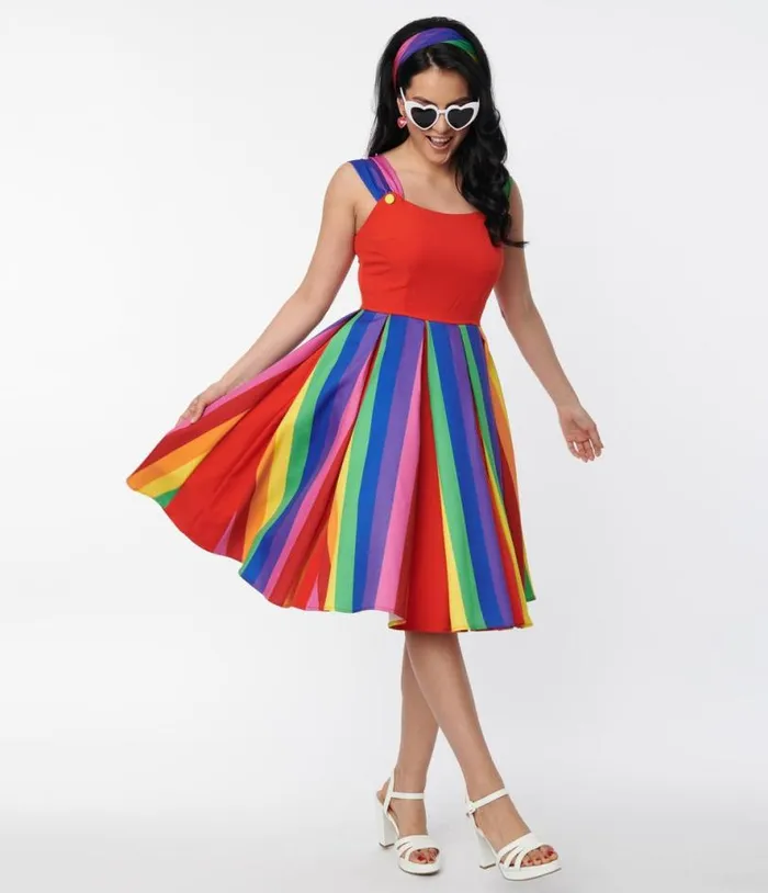Red and Rainbow Stripe Swing Dress Dresses Unique Vintage Swing
